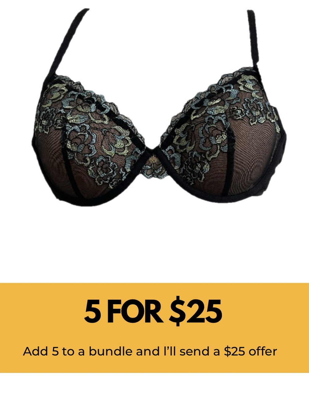 La Vie En Rose Black Floral Embroidered Underwire Bra